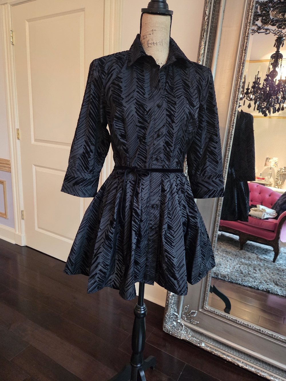David Meister Black Textured Fit-and-Flare Mini Dress